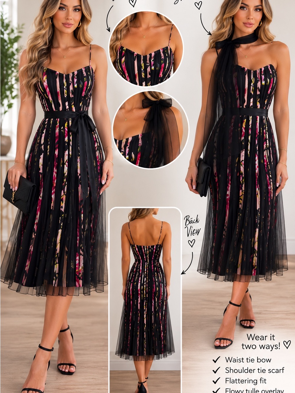 JS Collections Black Midi Dress with Pink and Cream Floral Stripes